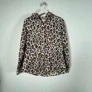 Chico's Women Animal Print No-Iron Button-Up Shirt Size 0 Brown Long Sleeve NWOT